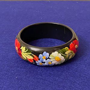 Rare Hand-Painted Ukranian Black Lacquer & Flowers Bracelet, 8"